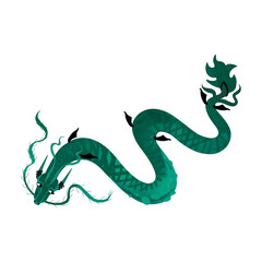 Green wooden Chinese dragon is a symbol of the Asian New Year 2024. Fairy-tale character. Isolated watercolor illustration on white background.