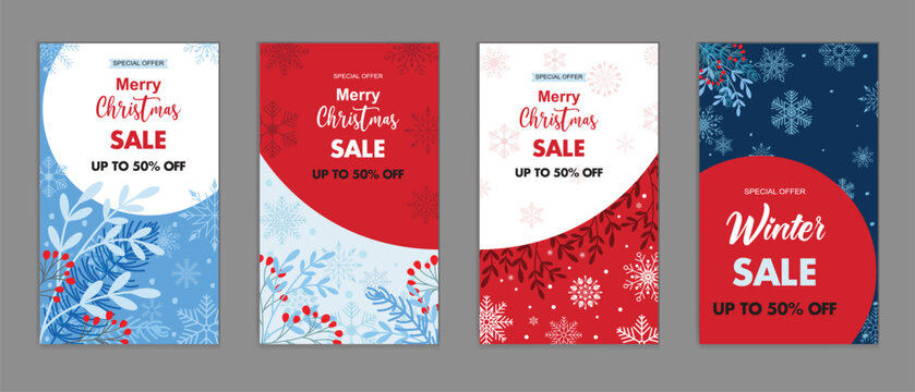 Vector winter sale backgrounds for social media stories with falling snowflakes