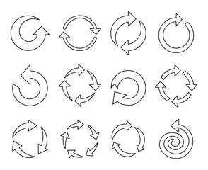 Different circular arrows. Coloring Page. Refresh, reload, loading, recycle, loop rotation. Hand drawn style. Vector drawing. Collection of design elements.