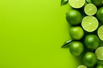 Flat lay with lemons and limes on the green background, copy space, banner, food art