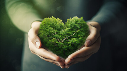 hands holding green heart shaped tree / tree arranged in a heart shape / love nature / save the world / heal the world / environmental preservation - obrazy, fototapety, plakaty