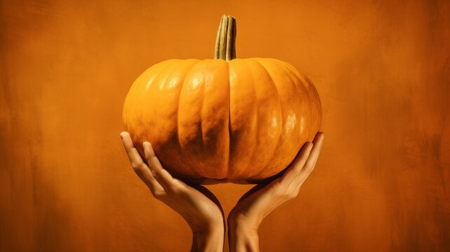 Hands holding a big orange pumpkin on an orange background. Halloween and Thanksgiving concept