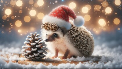 Fototapeta premium Digital render di un riccio che indossa un piccolo cappello di Babbo Natale, che ispeziona con curiosità una pigna coperta di neve, con luci scintillanti sullo sfondo.