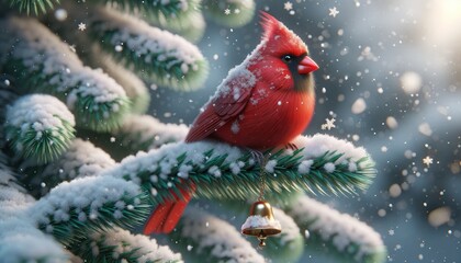 Uccello Cardinale di Natale, su un ramo di abete innevato - obrazy, fototapety, plakaty