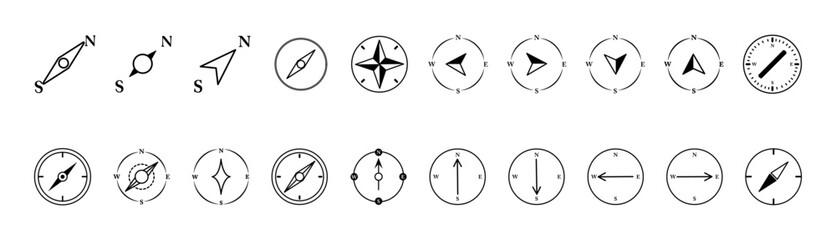 Compass icon set. Simple compass apps and user interface icons. Set of 20 outline compass signs.