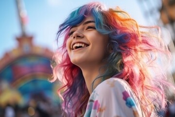 Happy young girl with colored hair in an amusement park. Kidcore style.