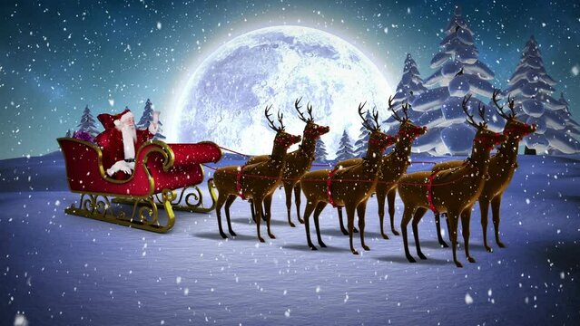 Animation of falling snow over santa claus sleigh
