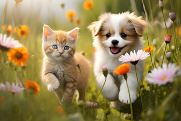 Kitten and puppy in a flower meadow - obrazy, fototapety, plakaty
