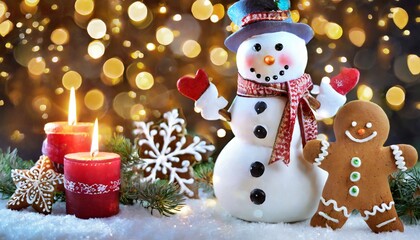 Christmas decoration with candle and snowman and Santa Claus