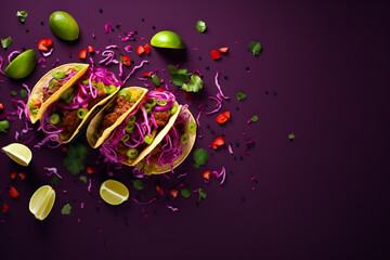 Mexican street food. top view of traditional Mexican corn tacos composition on purple background