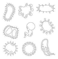 Bacteria and virus. Coloring Page. Microorganisms and germs, bacterium types. Hand drawn style. Vector drawing. Collection of design elements.