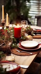 Large breakfast dinner table on a table with festive atmosphere in  light brown and red