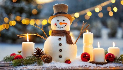 Snowman with Christmas tree with candles