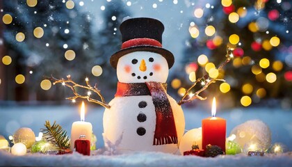Snowman with Christmas tree with candles