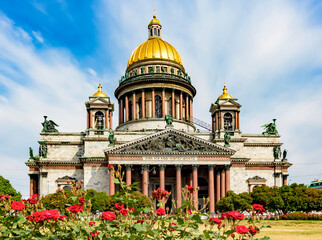 St. Isaac's cathedral and blooming roses in Saint Petersburg, Russia