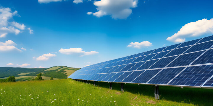 solar panels on a green field on a sunny day