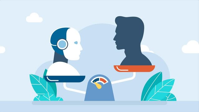 Robot and man on scales. Artificial and natural intelligence are in scientific balance. Advantages of artificial intelligence over the human mind and vice versa. AI automation concept. 2D animation