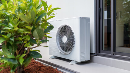 outdoor unit of a modern heat pump  standing by the wall