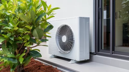 Foto op Canvas outdoor unit of a modern heat pump  standing by the wall © Christopher