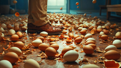 cautious approach Walking on Eggshells with Mindful Steps and Diplomatic Care, fragile balance, careful actions, considerate choices, empathy, tactful decisions - obrazy, fototapety, plakaty