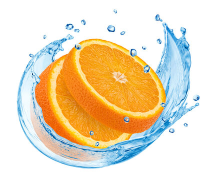 recommend clip art: Orange slice falling into water splash isolated on white background