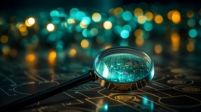 Analyze SEO and use a magnifying glass to examine search engine optimization, website ranking, traffic, and internet business technology for promoting website traffic,