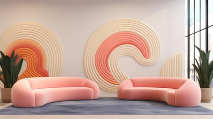 AI illustration of a vibrant modern office lobby with pink sofas