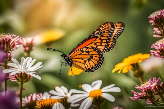 Photograph a garden alive with butterflies flitting among the flowers, aiming to portray their delicate beauty in a way that echoes the softness of watercolor art