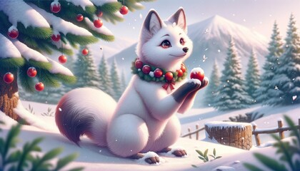 A fox amidst red berries with a snowball, set against a winter landscape with falling snow.