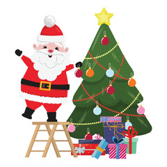 Santa Claus standing on the ladder next to the Christmas tree with gifts in cartoon style