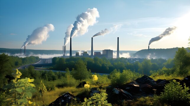 Eco-conscious chimneys, ground-level shot of smokestacks emitting reduced fumes with green belts in the foreground, highlighting industries' commitment to environmental well-being.