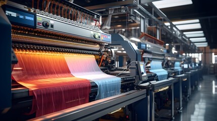 AI-driven textile production, medium-angle shot of textile machines operating under AI control, with fabrics smoothly transitioning through stages, showcasing the melding of tradition and tech.