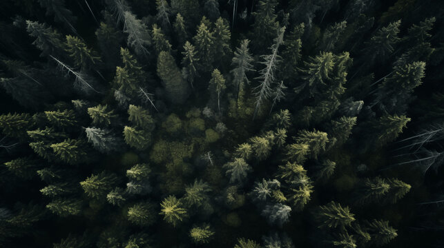 Aerial top view green forest, pine trees, Spruce trees. Drone photo. Aerial landscape of green pine spruce woods. A bird's eye view. Nature background, forest scene, outdoor photography. 