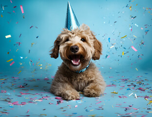 Happy cute labradoodle dog wearing a party hat celebrating at a birthday party, surrounding by falling confetti on solid light blue background - obrazy, fototapety, plakaty