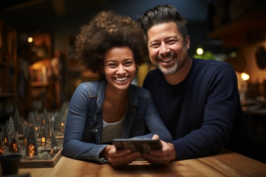 Cheerful smiling international millennial couple hugging, looking at tablet, have video call in living room interior. App for social networks, device for communication, relationships and love at home.
