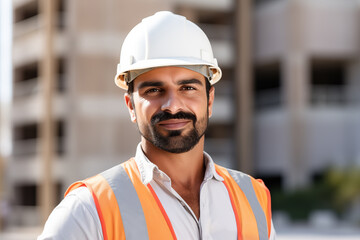 Smiling Builder Radiates Confidence Before Incomplete Building