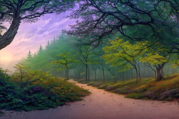 A painting of a very green and beautiful forest