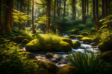 A serene forest glade with dappled sunlight, where delicate wildflowers bloom, and a crystal-clear stream meanders through the scene