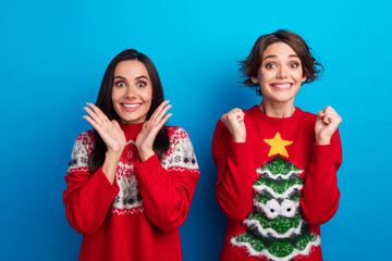 Photo of positive ladies waiting for christmas new year discounts isolated blue color background