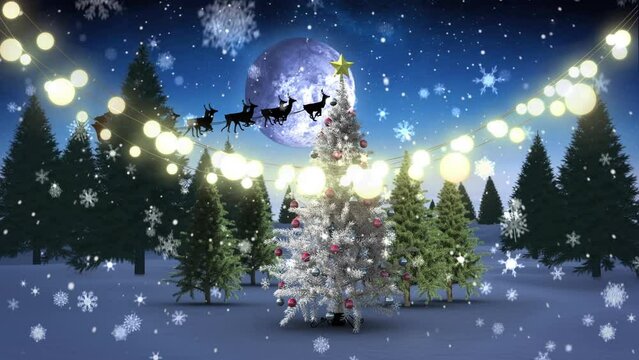 Animation of falling snow over christmas tree and winter scenery