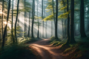 Fototapeta na wymiar Take photos of winding forest trails blanketed in morning mist, emphasizing the interplay of light and shadow through the trees in soft, pastel tones
