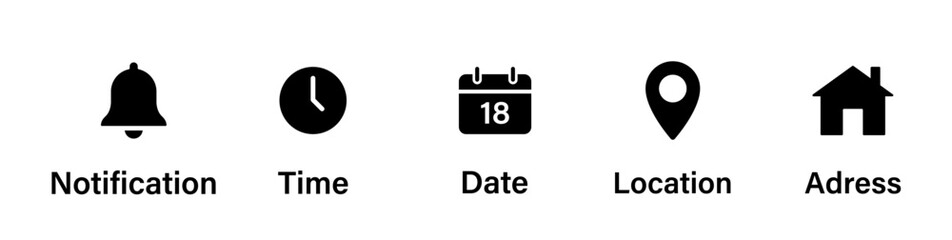 Notification reminder icon. Business notification vector icons collection.  Silhouette bell, clock, calendar, location, address icons.