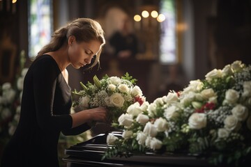 woman in a church with a bouquet of white flowers on coffin.Funeral concept.