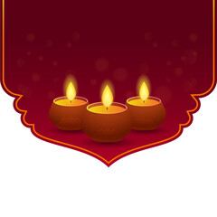 Happy Diwali Celebration Concept with Lit Oil Lamps (Diya) on Maroon Background.