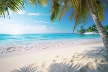 Fototapeta na wymiar Tropical sandy beach with palm trees and white sand. A heavenly place.