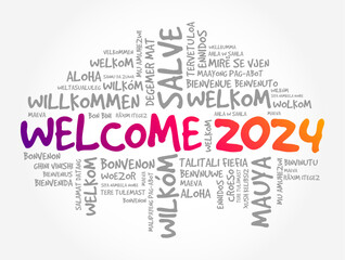 WELCOME 2024 word cloud in different languages, conceptual background