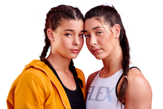 Portrait, friends and fitness with sports women isolated on a transparent background for health or wellness. Exercise, workout or training with confident young female athletes on PNG together - Powered by Adobe