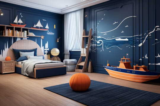 Modern interior of a children's room in a nautical style. 