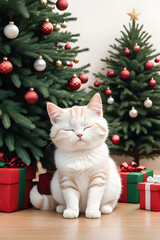 Fototapeta na wymiar Adorable cat sleeping next to the Christmas tree and New Year's gifts