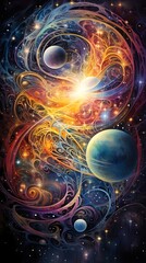 Cosmic Watercolor Universe: Nebula, Rainbow, and Filigree Illustration